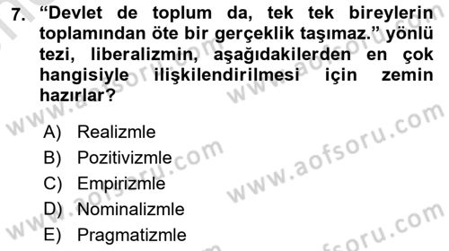 Siyaset Felsefesi 2 Dersi 2025 - 2026 Yılı (Vize) Ara Sınav Soruları 7. Soru