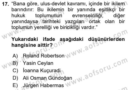Siyaset Felsefesi 2 Dersi 2025 - 2026 Yılı (Final) Dönem Sonu Sınav Soruları 17. Soru