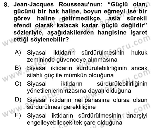 Siyaset Felsefesi 2 Dersi 2025 - 2026 Yılı (Final) Dönem Sonu Sınav Soruları 8. Soru