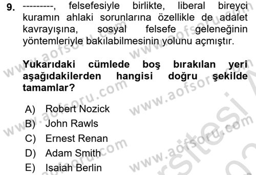 Siyaset Felsefesi 2 Dersi 2025 - 2026 Yılı (Final) Dönem Sonu Sınav Soruları 9. Soru