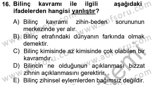 Zihin Felsefesi Dersi 2014 - 2015 Yılı (Final) Dönem Sonu Sınav Soruları 16. Soru