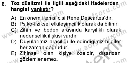 Zihin Felsefesi Dersi 2014 - 2015 Yılı (Final) Dönem Sonu Sınav Soruları 6. Soru