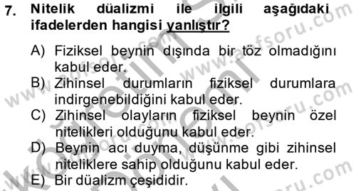 Zihin Felsefesi Dersi 2014 - 2015 Yılı (Final) Dönem Sonu Sınav Soruları 7. Soru