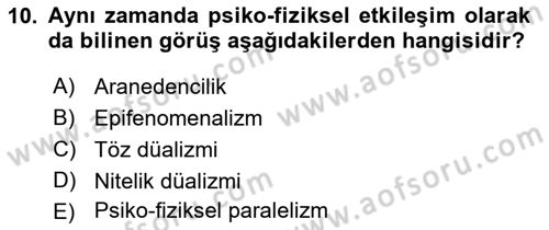 Zihin Felsefesi Dersi 2016 - 2017 Yılı 3 Ders Sınav Soruları 10. Soru