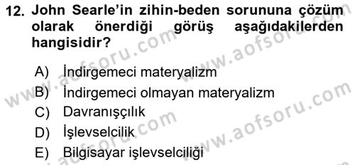 Zihin Felsefesi Dersi 2016 - 2017 Yılı 3 Ders Sınav Soruları 12. Soru