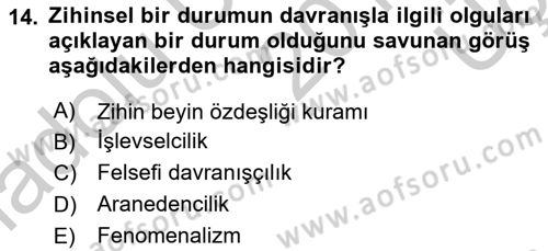 Zihin Felsefesi Dersi 2016 - 2017 Yılı 3 Ders Sınav Soruları 14. Soru