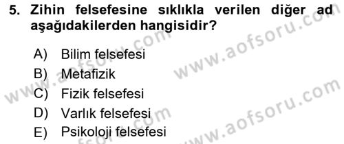 Zihin Felsefesi Dersi 2016 - 2017 Yılı 3 Ders Sınav Soruları 5. Soru