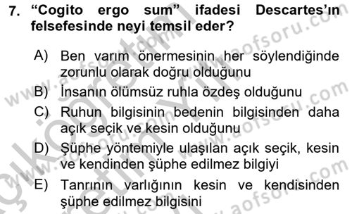 Zihin Felsefesi Dersi 2016 - 2017 Yılı 3 Ders Sınav Soruları 7. Soru
