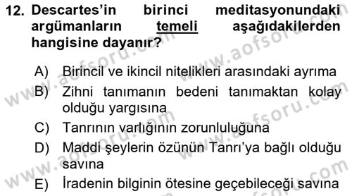 Zihin Felsefesi Dersi 2016 - 2017 Yılı (Vize) Ara Sınav Soruları 12. Soru