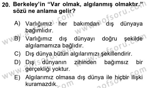 Zihin Felsefesi Dersi 2016 - 2017 Yılı (Vize) Ara Sınav Soruları 20. Soru