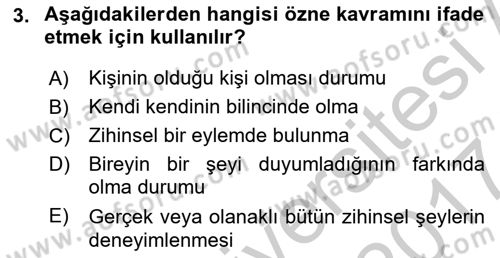 Zihin Felsefesi Dersi 2016 - 2017 Yılı (Vize) Ara Sınav Soruları 3. Soru