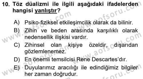Zihin Felsefesi Dersi 2016 - 2017 Yılı (Final) Dönem Sonu Sınav Soruları 10. Soru