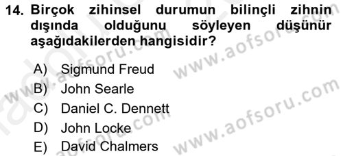 Zihin Felsefesi Dersi 2017 - 2018 Yılı 3 Ders Sınav Soruları 14. Soru