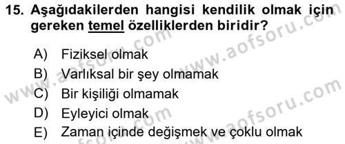 Zihin Felsefesi Dersi 2017 - 2018 Yılı 3 Ders Sınav Soruları 15. Soru