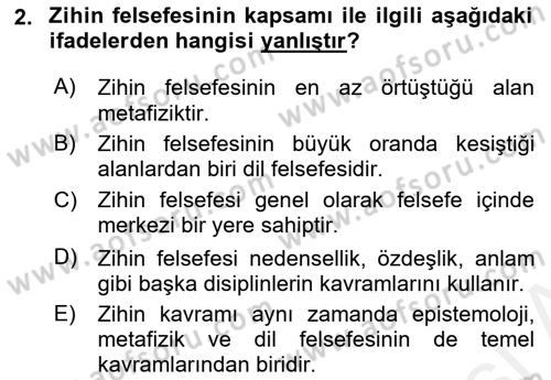 Zihin Felsefesi Dersi 2017 - 2018 Yılı 3 Ders Sınav Soruları 2. Soru