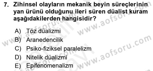 Zihin Felsefesi Dersi 2017 - 2018 Yılı 3 Ders Sınav Soruları 7. Soru