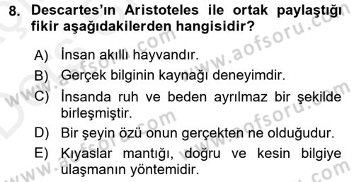 Zihin Felsefesi Dersi 2017 - 2018 Yılı 3 Ders Sınav Soruları 8. Soru