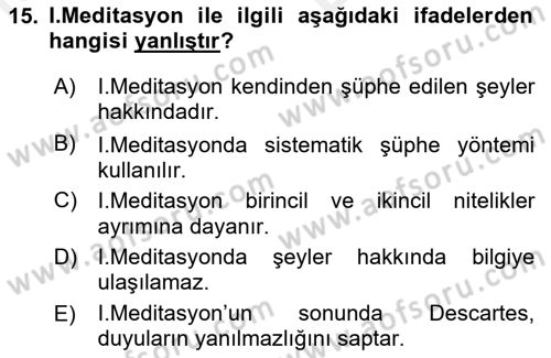 Zihin Felsefesi Dersi 2017 - 2018 Yılı (Vize) Ara Sınav Soruları 15. Soru