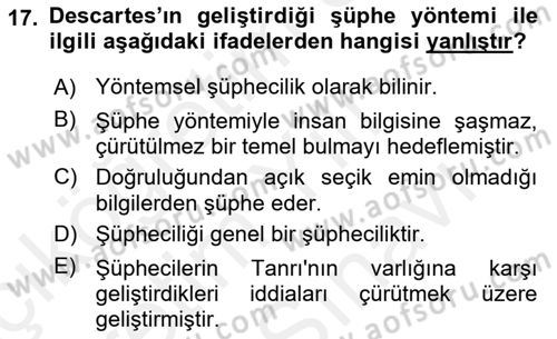 Zihin Felsefesi Dersi 2017 - 2018 Yılı (Vize) Ara Sınav Soruları 17. Soru