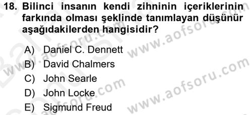 Zihin Felsefesi Dersi 2017 - 2018 Yılı (Final) Dönem Sonu Sınav Soruları 18. Soru