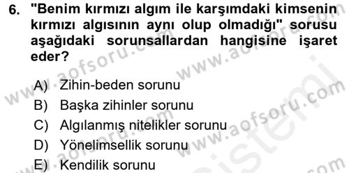 Zihin Felsefesi Dersi 2017 - 2018 Yılı (Final) Dönem Sonu Sınav Soruları 6. Soru
