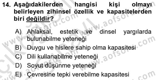 Zihin Felsefesi Dersi 2018 - 2019 Yılı 3 Ders Sınav Soruları 14. Soru
