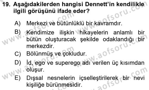 Zihin Felsefesi Dersi 2018 - 2019 Yılı 3 Ders Sınav Soruları 19. Soru