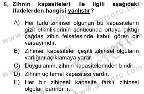 Zihin Felsefesi Dersi 2018 - 2019 Yılı 3 Ders Sınav Soruları 5. Soru