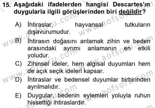 Zihin Felsefesi Dersi 2018 - 2019 Yılı (Vize) Ara Sınav Soruları 15. Soru