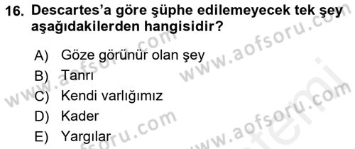 Zihin Felsefesi Dersi 2018 - 2019 Yılı (Vize) Ara Sınav Soruları 16. Soru