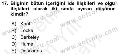 Zihin Felsefesi Dersi 2018 - 2019 Yılı (Vize) Ara Sınav Soruları 17. Soru
