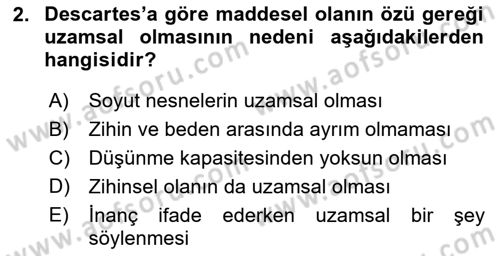 Zihin Felsefesi Dersi 2018 - 2019 Yılı (Vize) Ara Sınav Soruları 2. Soru