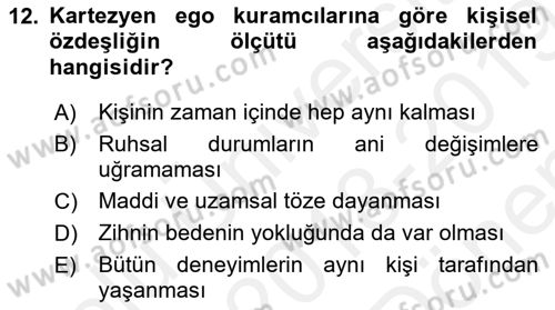Zihin Felsefesi Dersi 2018 - 2019 Yılı (Final) Dönem Sonu Sınav Soruları 12. Soru