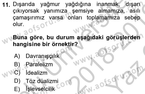 Zihin Felsefesi Dersi 2018 - 2019 Yılı Yaz Okulu Sınav Soruları 11. Soru
