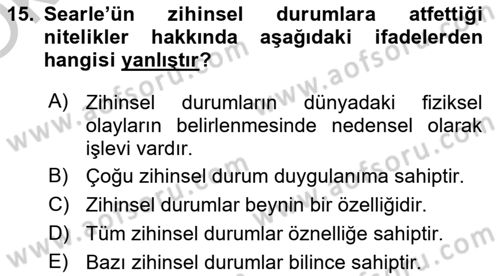 Zihin Felsefesi Dersi 2018 - 2019 Yılı Yaz Okulu Sınav Soruları 15. Soru