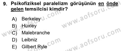 Zihin Felsefesi Dersi 2018 - 2019 Yılı Yaz Okulu Sınav Soruları 9. Soru