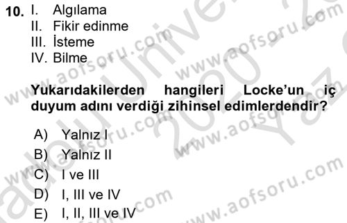 Zihin Felsefesi Dersi 2020 - 2021 Yılı Yaz Okulu Sınav Soruları 10. Soru