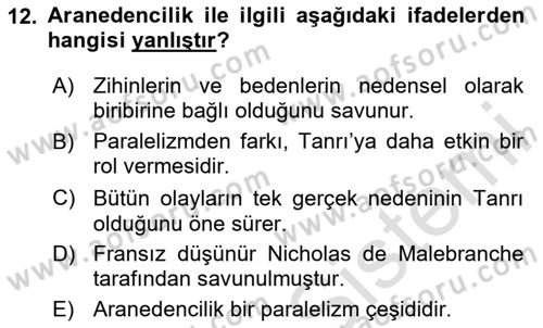 Zihin Felsefesi Dersi 2020 - 2021 Yılı Yaz Okulu Sınav Soruları 12. Soru