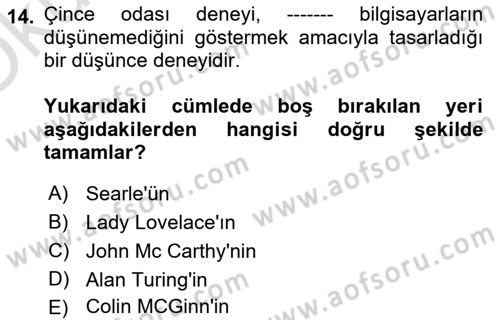 Zihin Felsefesi Dersi 2020 - 2021 Yılı Yaz Okulu Sınav Soruları 14. Soru
