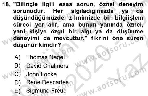 Zihin Felsefesi Dersi 2020 - 2021 Yılı Yaz Okulu Sınav Soruları 18. Soru