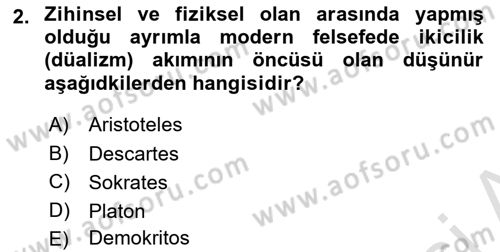 Zihin Felsefesi Dersi 2020 - 2021 Yılı Yaz Okulu Sınav Soruları 2. Soru