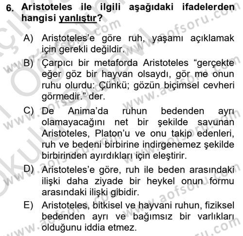 Zihin Felsefesi Dersi 2020 - 2021 Yılı Yaz Okulu Sınav Soruları 6. Soru
