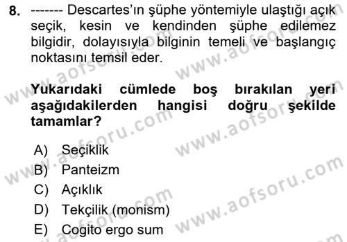Zihin Felsefesi Dersi 2020 - 2021 Yılı Yaz Okulu Sınav Soruları 8. Soru