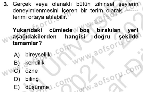 Zihin Felsefesi Dersi 2021 - 2022 Yılı (Vize) Ara Sınav Soruları 3. Soru