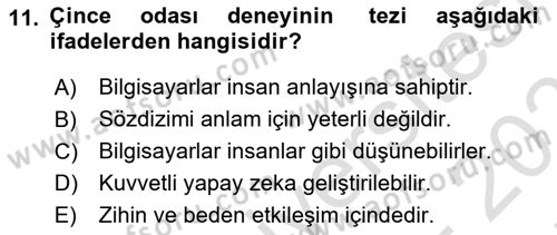Zihin Felsefesi Dersi 2021 - 2022 Yılı (Final) Dönem Sonu Sınav Soruları 11. Soru