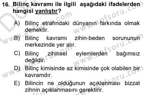 Zihin Felsefesi Dersi 2021 - 2022 Yılı (Final) Dönem Sonu Sınav Soruları 16. Soru