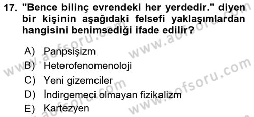 Zihin Felsefesi Dersi 2021 - 2022 Yılı (Final) Dönem Sonu Sınav Soruları 17. Soru