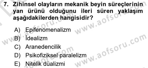 Zihin Felsefesi Dersi 2021 - 2022 Yılı (Final) Dönem Sonu Sınav Soruları 7. Soru