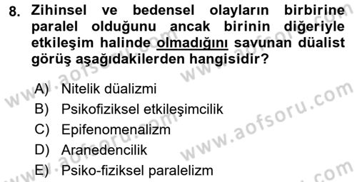 Zihin Felsefesi Dersi 2021 - 2022 Yılı (Final) Dönem Sonu Sınav Soruları 8. Soru