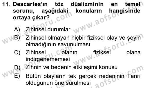 Zihin Felsefesi Dersi 2021 - 2022 Yılı Yaz Okulu Sınav Soruları 11. Soru